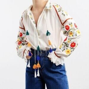 ESQ Embroidered Button Up Blouse Womens Medium White Floral Boho Colorful